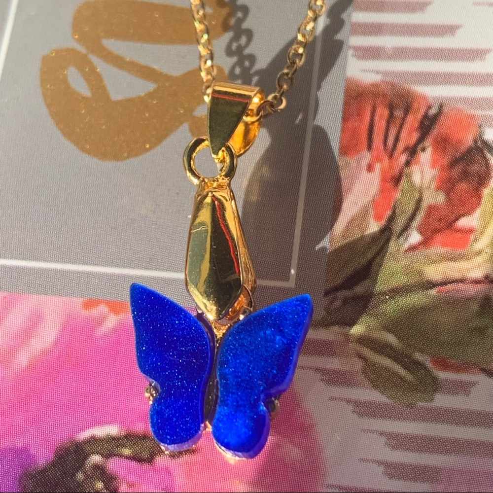 Blue Butterfly Necklace On Gold Tone Coated Stainless Steel Chain Adjustable